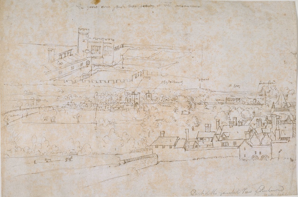 Blad met studies van de paleizen van Hampton Court, Richmond en omliggende platteland, ca. 1560s door Anthonis van den Wyngaerde