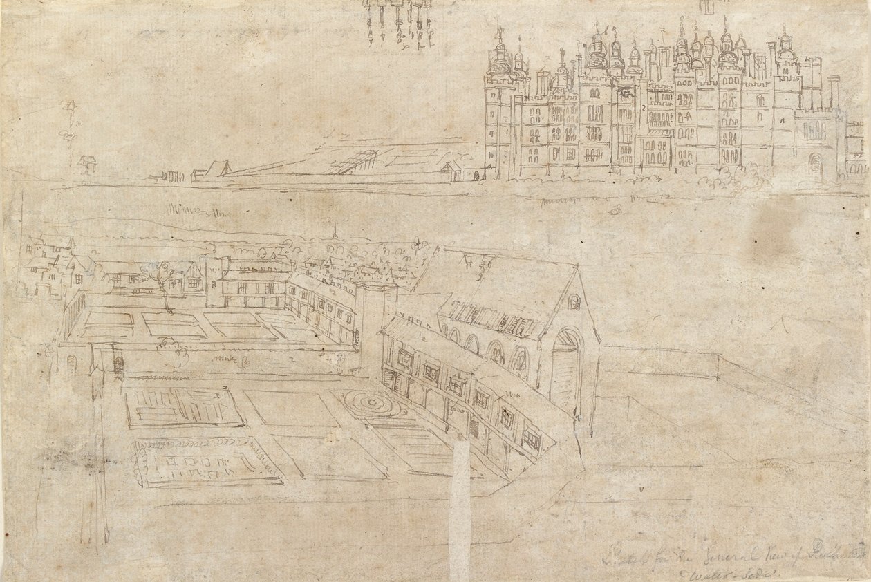 De rivierkant van Richmond Palace en Privy Gardens door Anthonis van den Wyngaerde