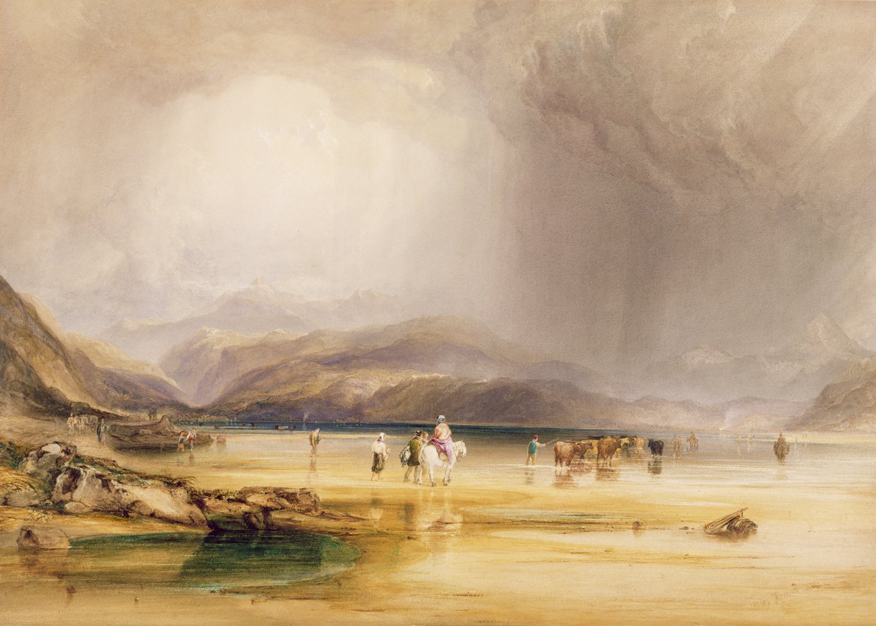 Uitzicht vanaf Snowdon vanaf Sands of Traeth Mawe, genomen bij de doorwaadbare plaats tussen Pont Aberglaslyn en Tremadoc door Anthony Vandyke Copley Fielding