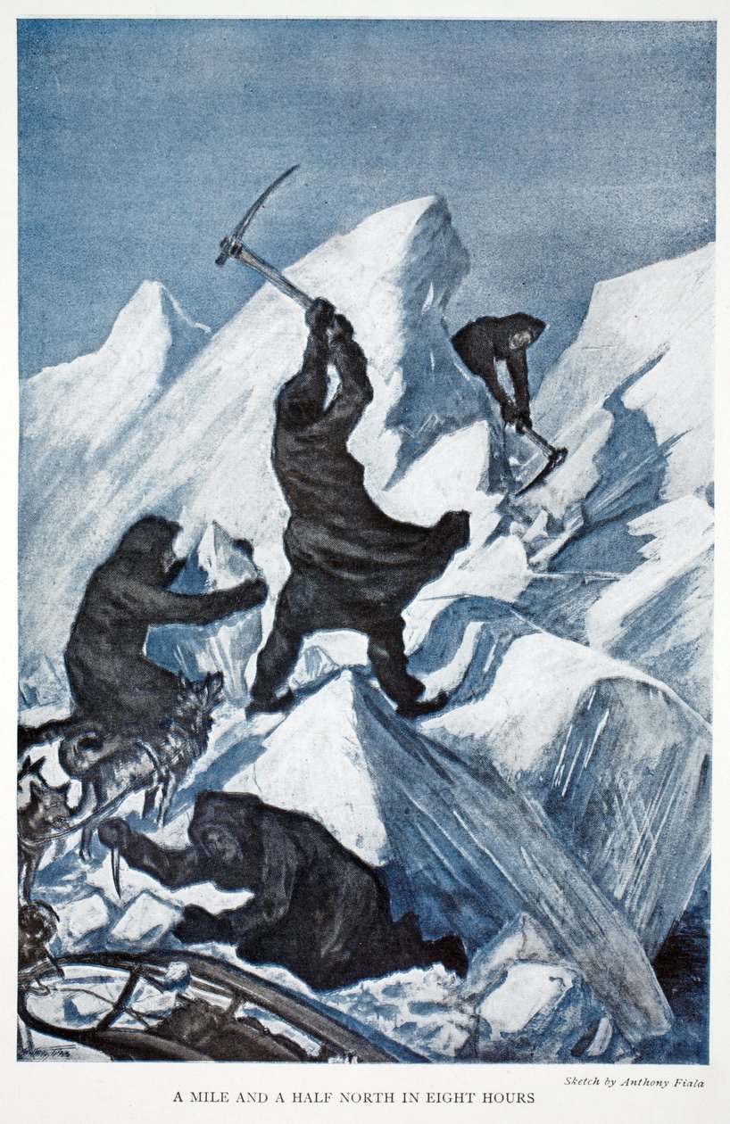 Een mijl en een halve noord in acht uur, uitgegeven Londen 1907 (kleur litho) door Anthony Fiala