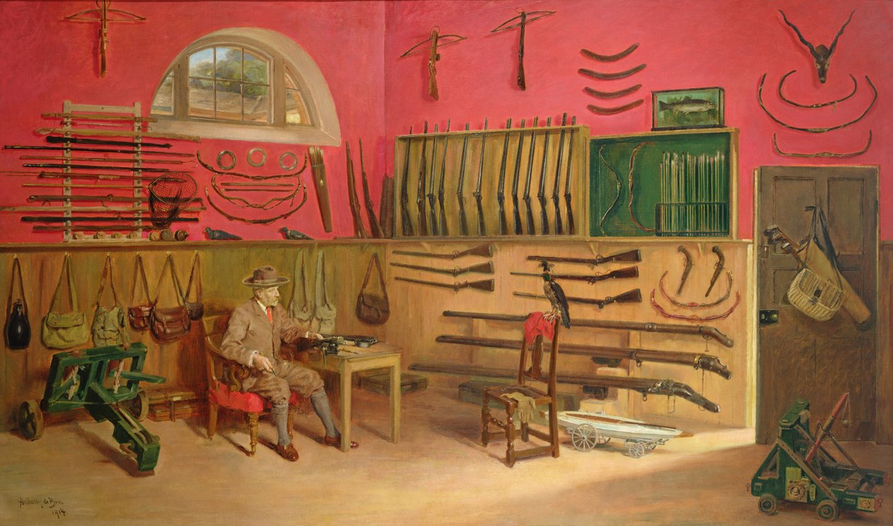 Sir Ralph Payne Gallwey in zijn wapenruimte in Thirkleby Hall, Yorkshire, 1914 door Anthony de Bru
