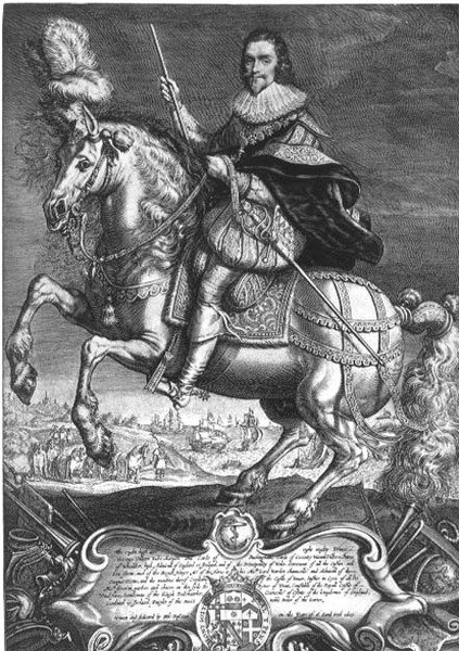 Ruiterportret van George Villiers (1592-1628) 1e Hertog van Buckingham, gegraveerd door Willem de Passe (1598-1637) 1625 door Anthony van (after) Dyck