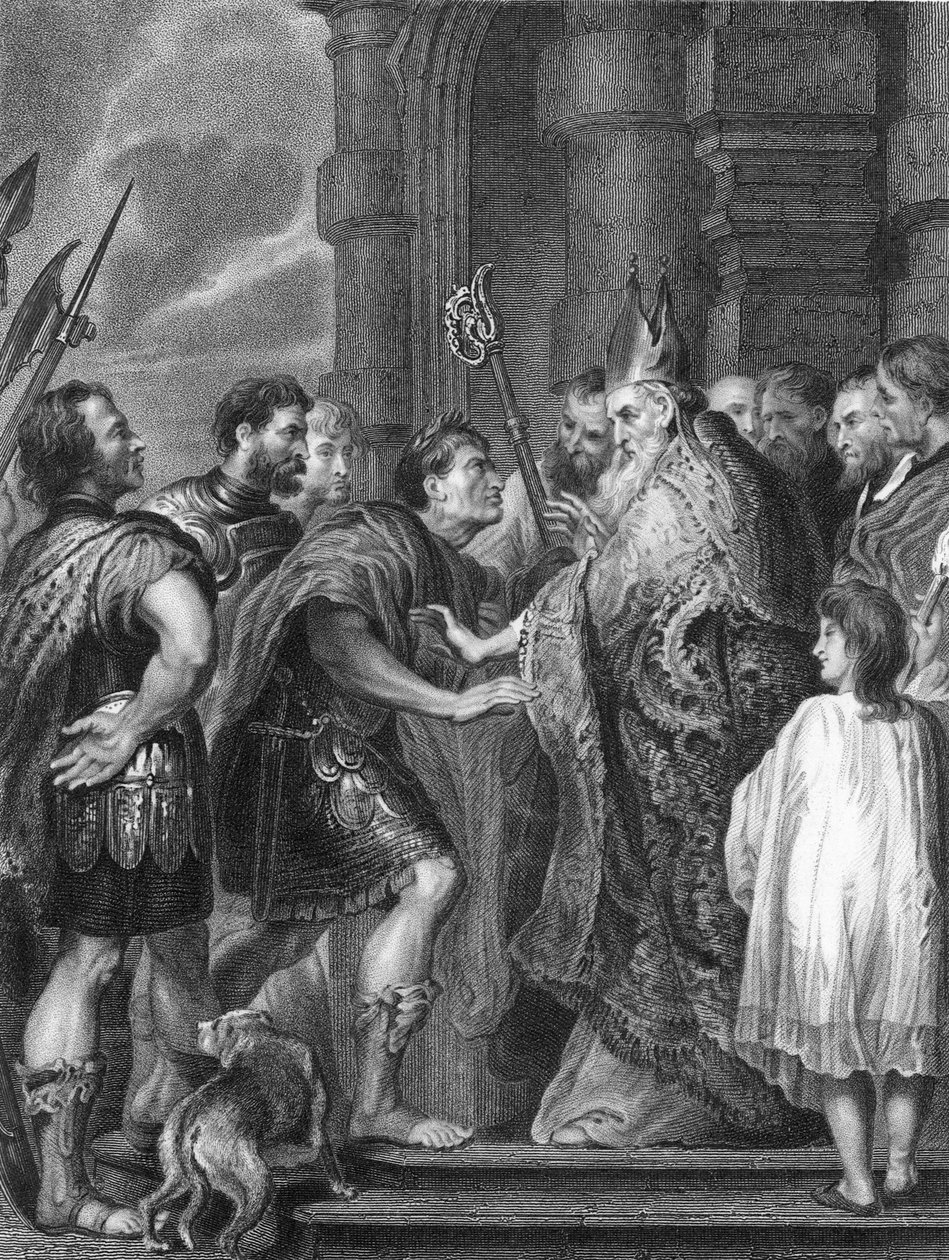 Sint Ambrosius, die keizer Theodosius de toegang tot de kerk weigert (gravure) door Anthony van (after) Dyck
