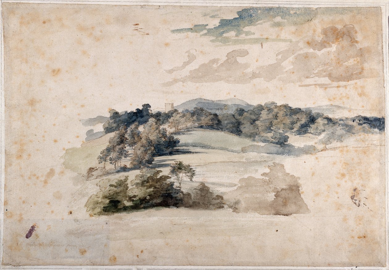 Een Engels landschap van weiden en beboste heuvels (potlood en aquarel op papier) door Anthony van Dyck