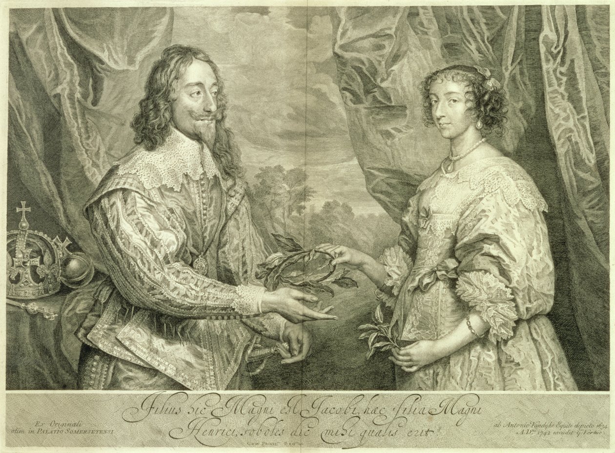 Karel I (1600-49) en Henrietta Maria (1609-69) gegraveerd door George Vertue (1684-1756) naar een schilderij uit 1634, 1742 door Anthony van Dyck