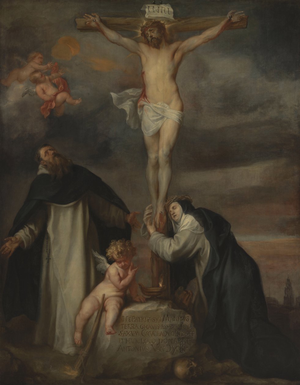 Christus aan het kruis met de heilige Catharina van Siena, de heilige Dominicus en een engel door Anthony van Dyck