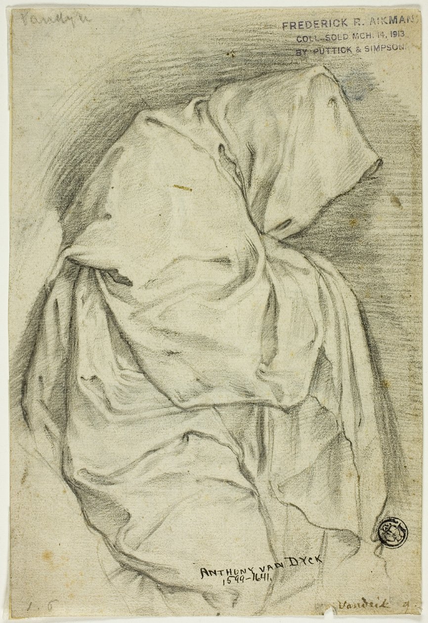 Gedrapeerde figuur met capuchon (recto); Twee schetsen van zwanen in water (verso) door Anthony van Dyck