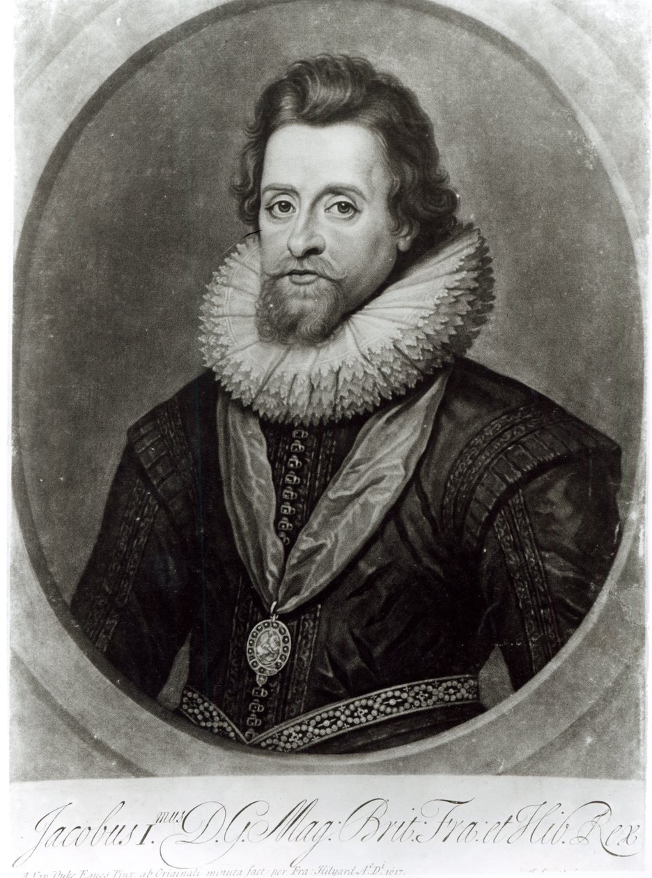 Portret van James I (1566-1625) naar een miniatuur van Nicholas Hilliard (1547-1619) uit 1617, gegraveerd door George Vertue (1684-1756) door Anthony van Dyck