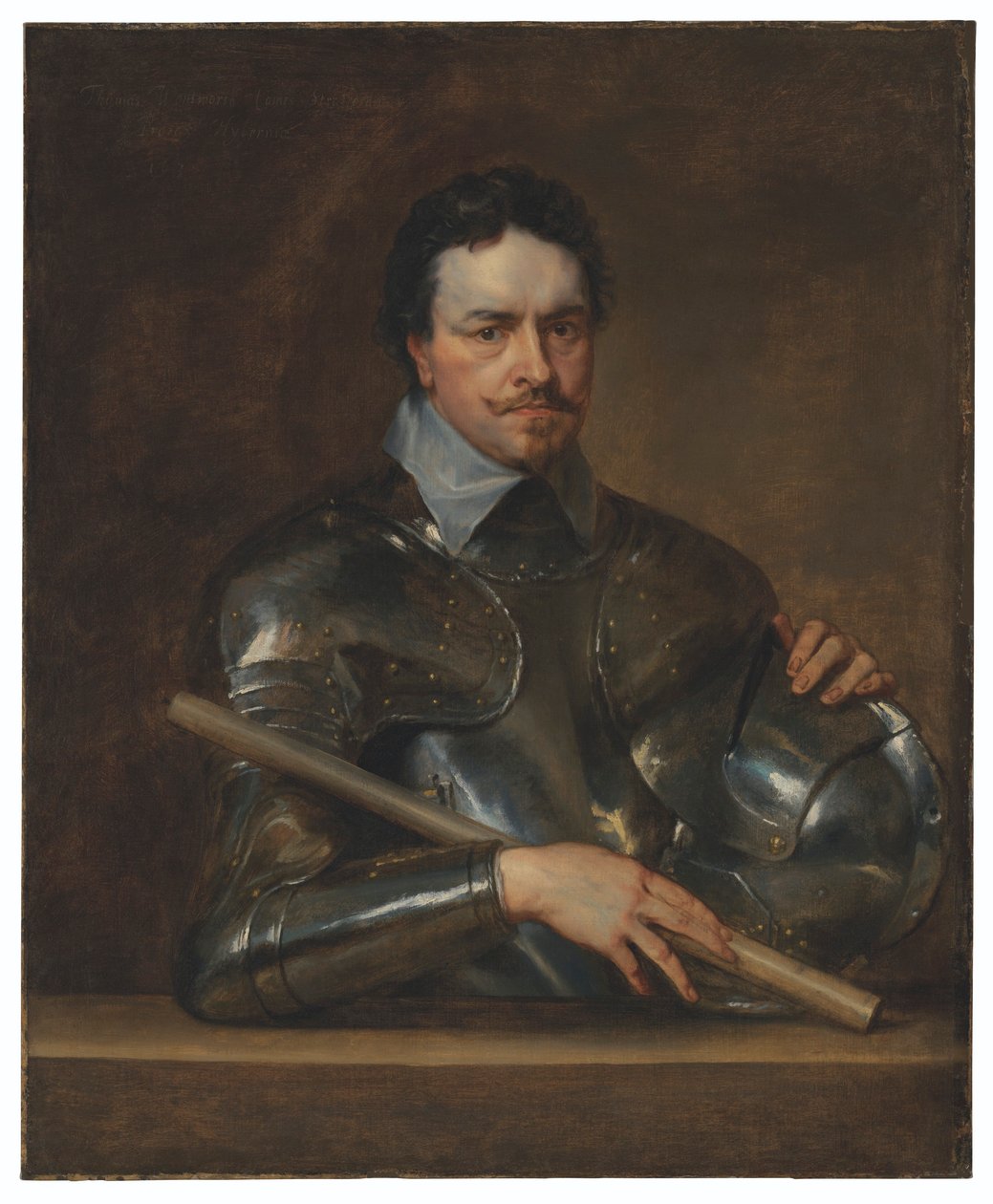 Portret van Thomas Wentworth, 1e graaf van Strafford (1593-1641), halflang, in harnas door Anthony van Dyck