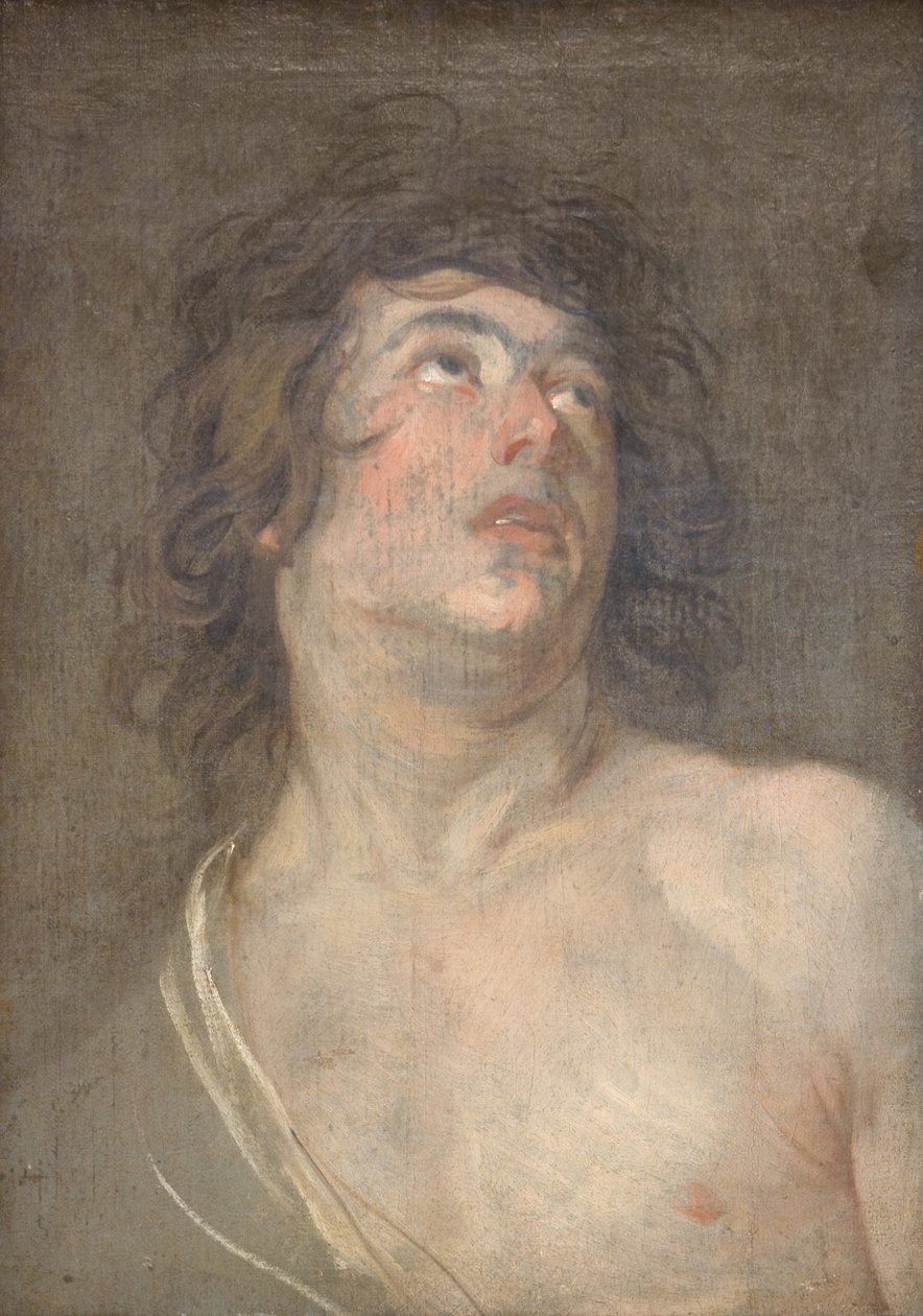 Studiehoofd van een jonge man die omhoog kijkt. Sint Sebastiaan door Anthony van Dyck