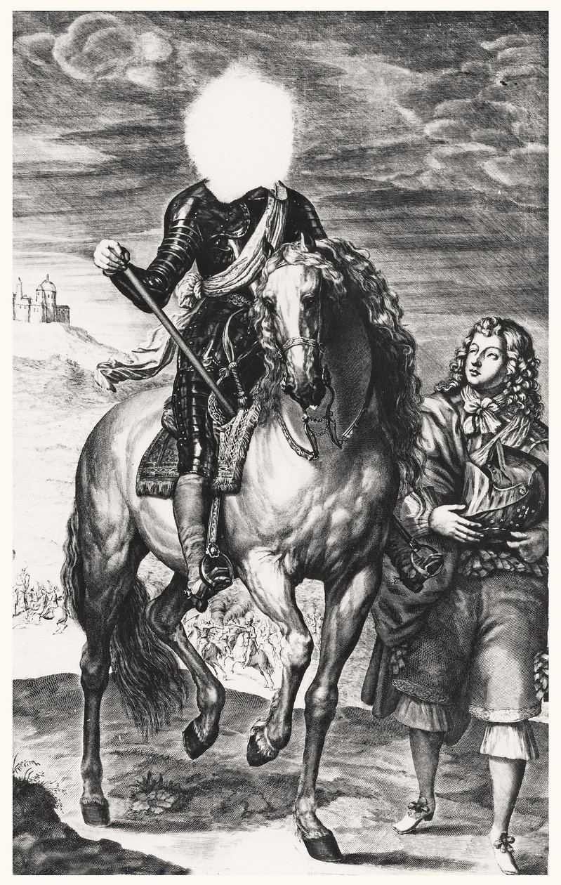 Hoofdloos ruiterportret oorspronkelijk van Lodewijk van Frankrijk, gegraveerd door Pierre Lombard door Anthony van after Dyck