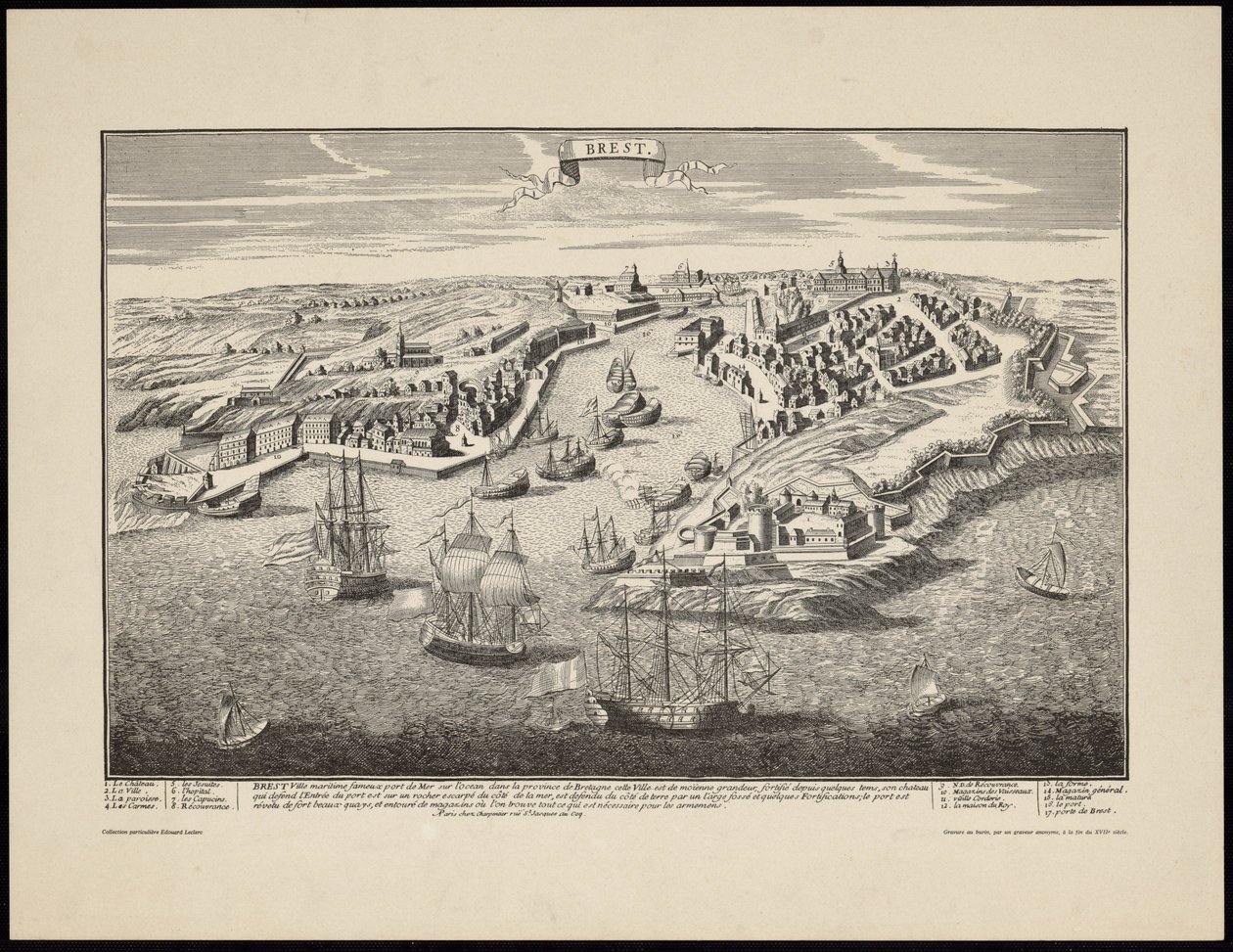 Perspectief van de stad Brest vanuit de haven in de zeventiende eeuw door Francois Antoine Aveline