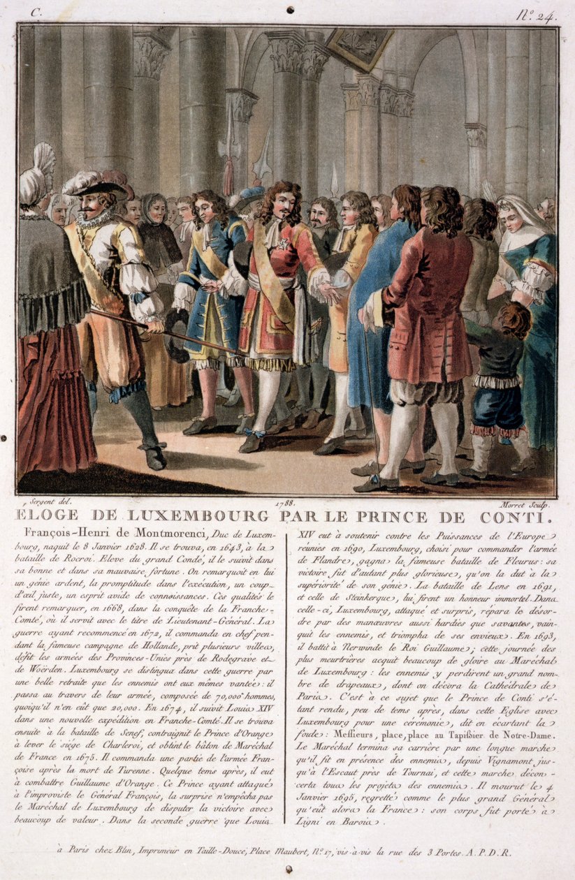 De Prins de Conti prijst de Hertog van Luxemburg na zijn overwinning in de Slag bij Neerwinden, gegraveerd door Jean Baptiste Morret door Antoine Louis Francois Sergent Marceau