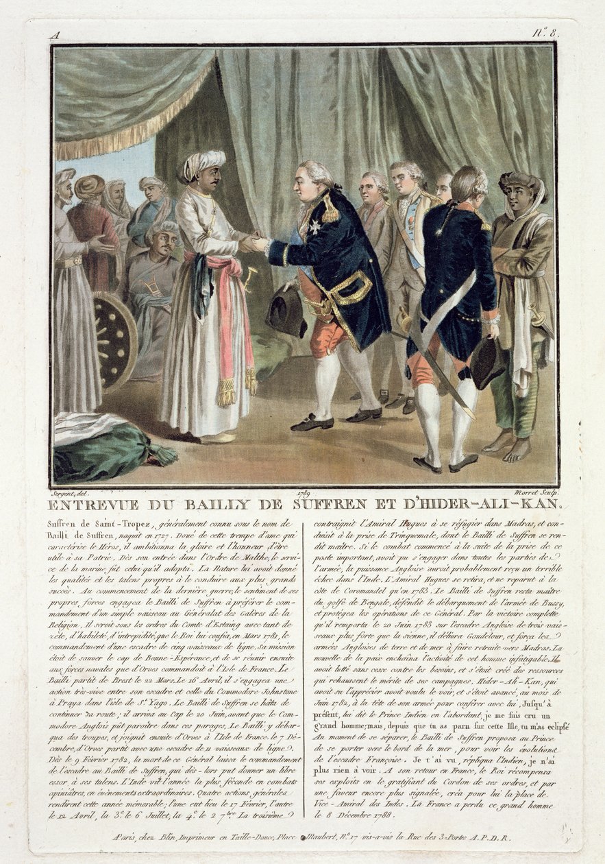 Ontmoeting van Pierre Andre de Suffren de Saint Tropez (1729-88) en Haider Ali (1728-82), 1782, gegraveerd door Jean Baptiste Morret (fl.1790-1820), 1789 door Antoine Louis Francois Sergent Marceau