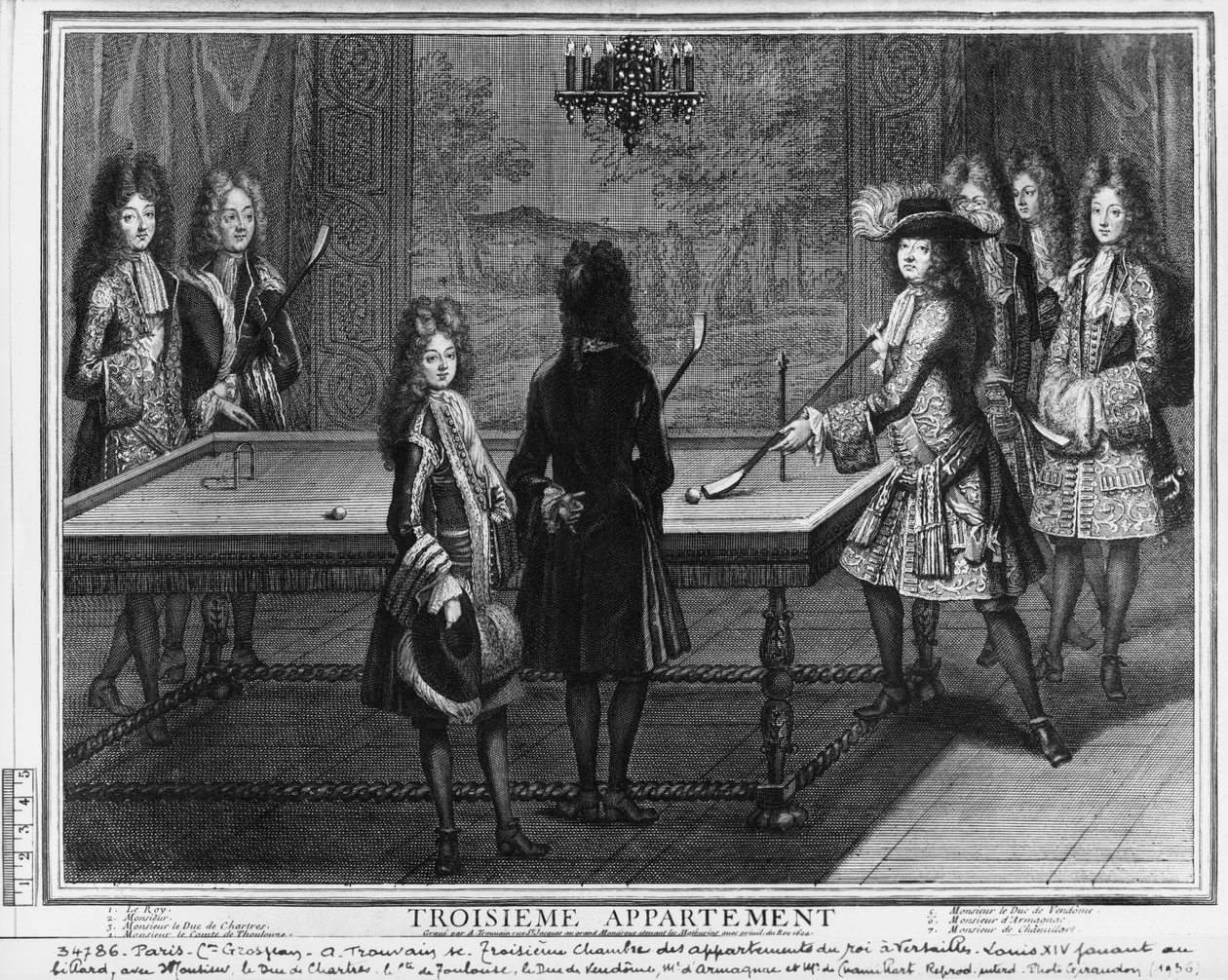 Lodewijk XIV speelt biljart met zijn broer, Monsieur, zijn neef de hertog van Chartres, zijn zoon, de graaf van Toulouse en andere familieleden en hovelingen, de hertog van Vendome, Monsieur d