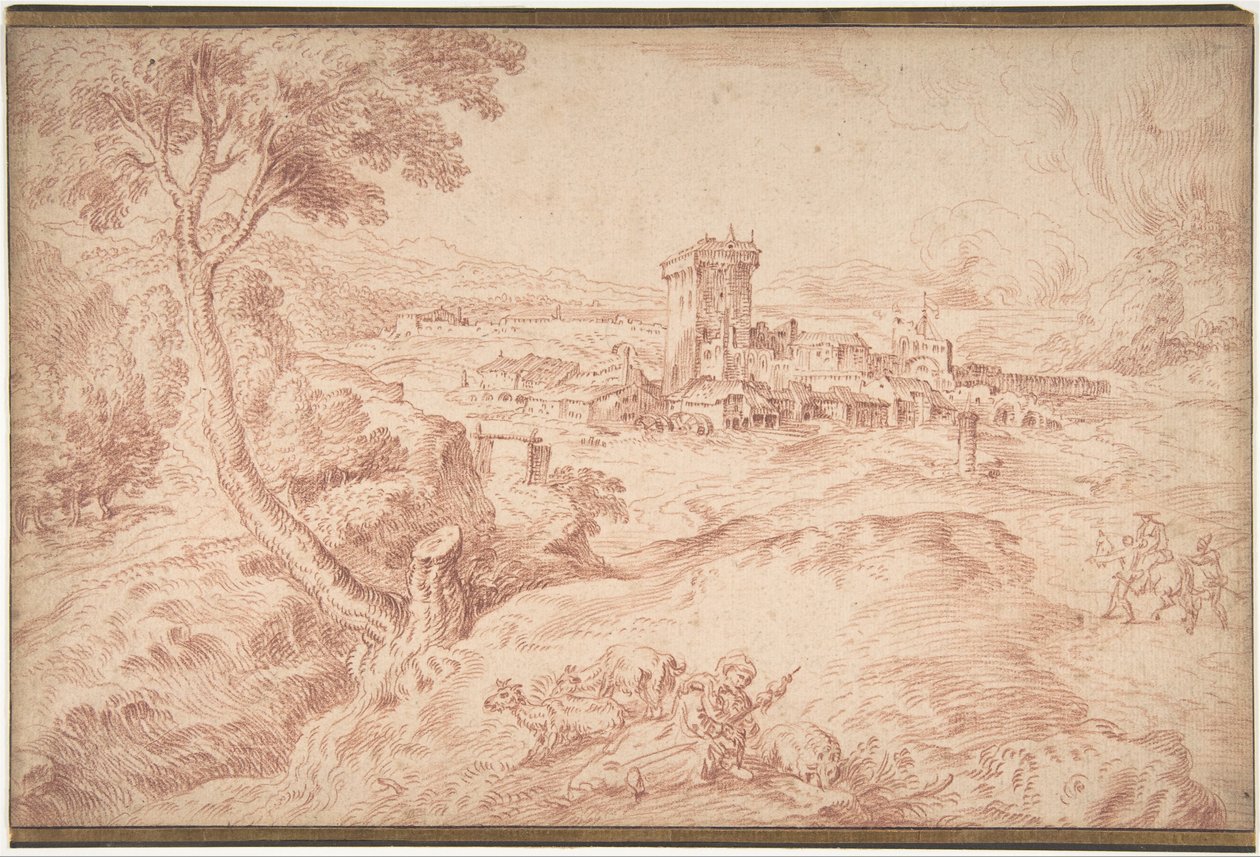 Landschap met een oude vrouw met een spinrok door Jean Antoine Watteau