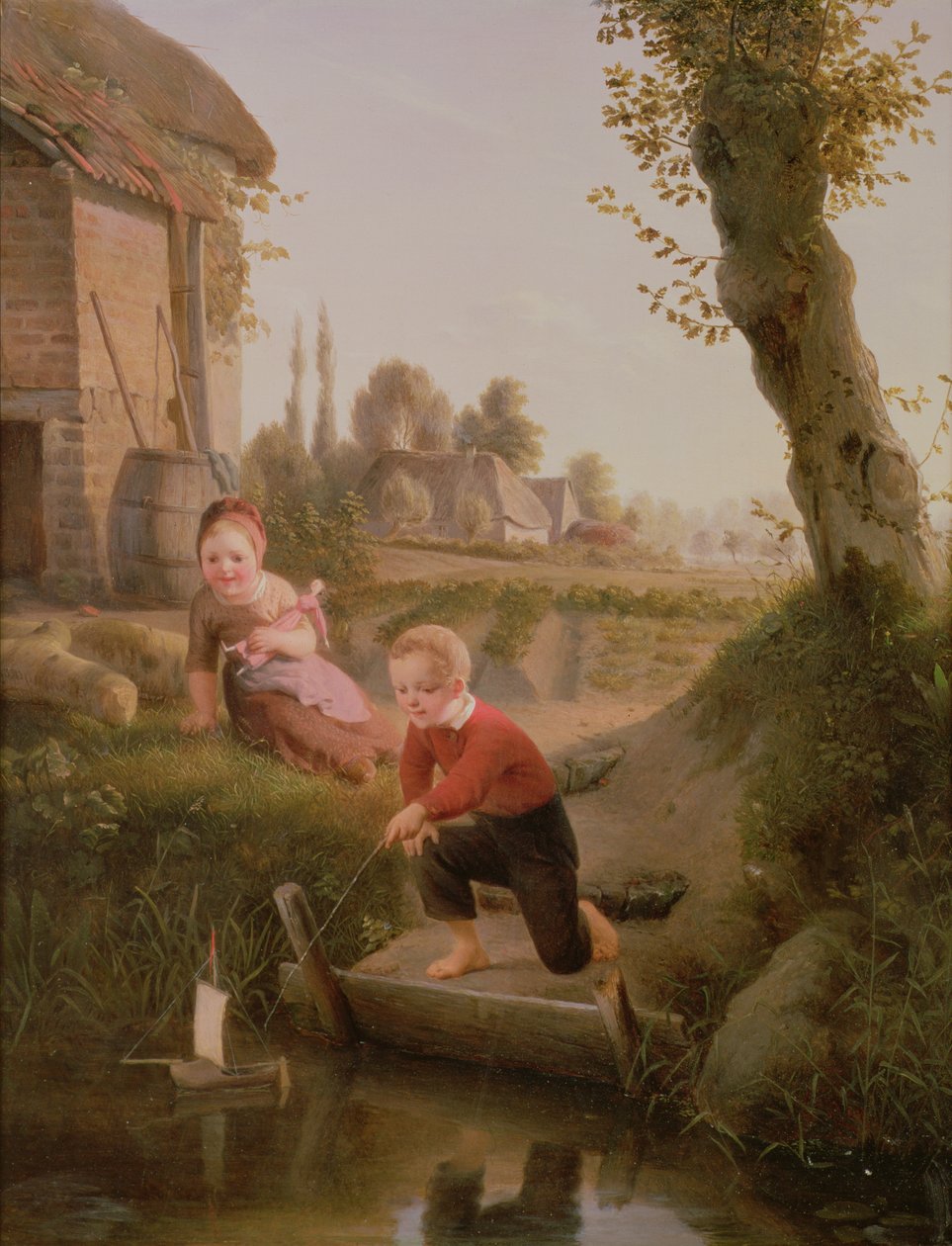 Twee kinderen spelen met een boot door François Antoine de Bruycker