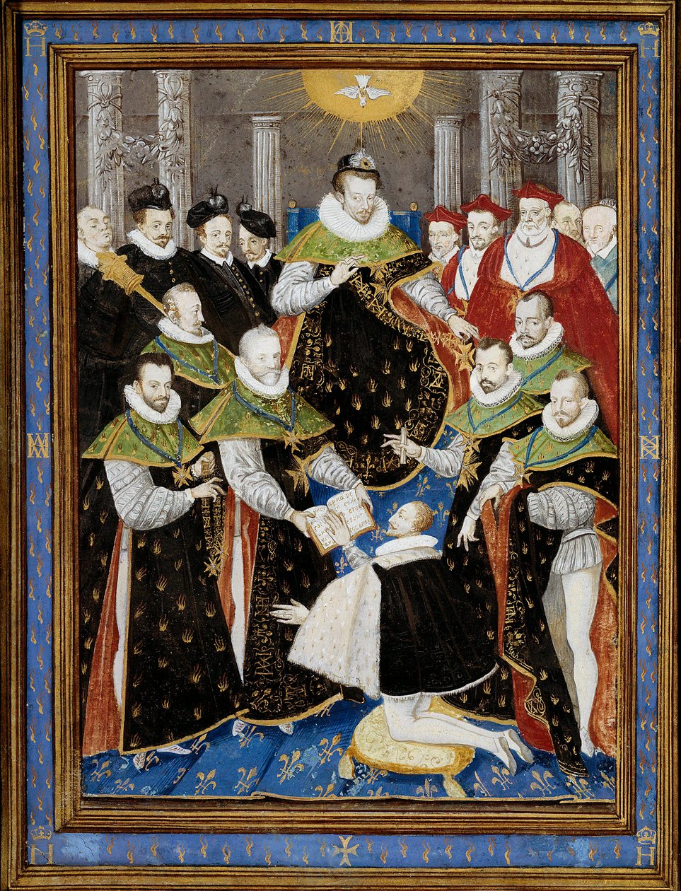 Koning Hendrik III (1551-1589) die de eerste ceremonie van de Orde van de Heilige Geest (Orde van de Heilige Geest) voorzit in 1587 Miniatuur door William Richardiere (16e eeuw) na Antoine Caron (1521-1599) 1587 Chantilly, Musee Conde - Koning Hendrik III  door Antoine (after) Caron