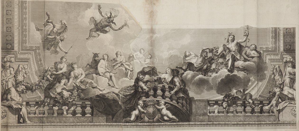 Ontwerp van het middenpaneel van het plafond van de Grote Galerij van het Palais Royal, gegraveerd door Nicolas Henri Tardieu door Antoine (after) Coypel