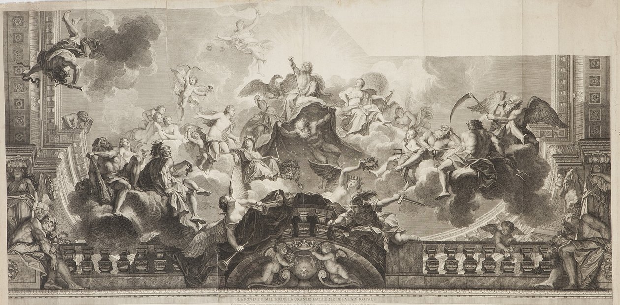 Ontwerp van het Centrale Paneel van het Plafond van de Grote Galerij van het Palais Royal, gegraveerd door Nicolas Henri Tardieu (1674-1749) door Antoine (after) Coypel