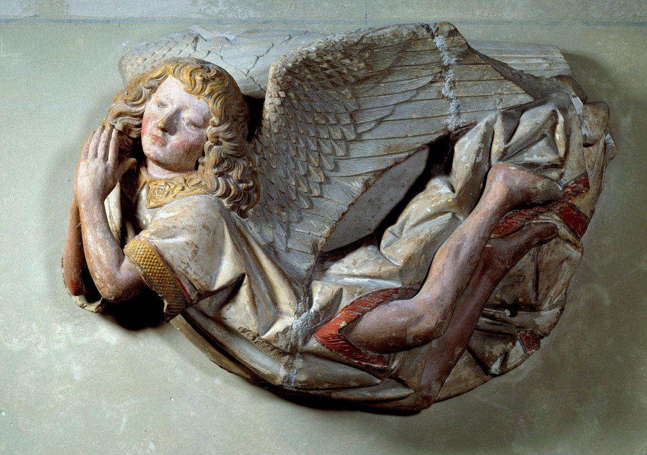 Vliegende engel. Reliëf in polychroom kalksteen toegeschreven aan Antoine le Moiturier (ca. 1490) door Antoine (attr. to) Le Moiturier