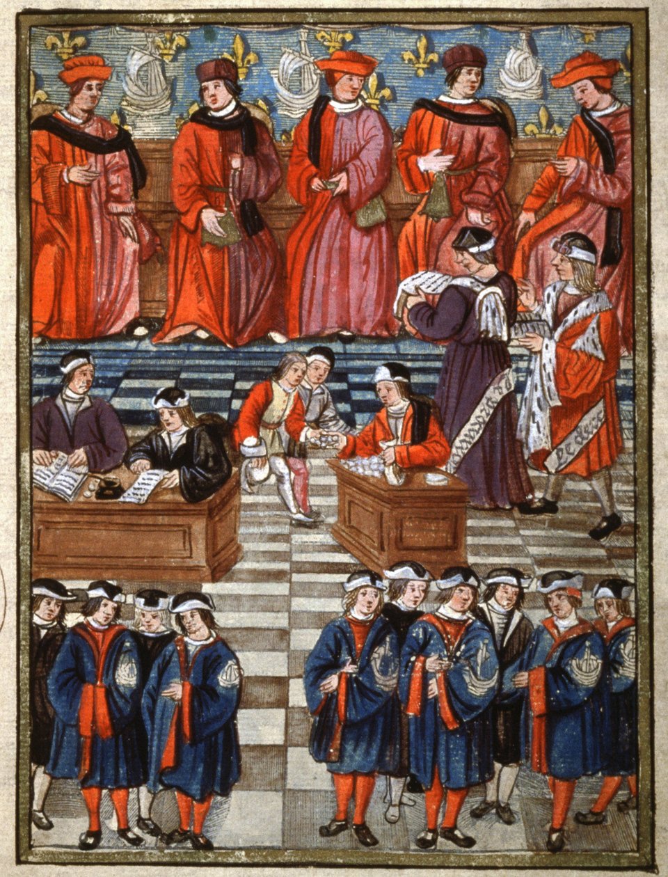 De provoost en de schepenen van de stad Parijs, inning van de belasting door Antoine (attr. to) Verard