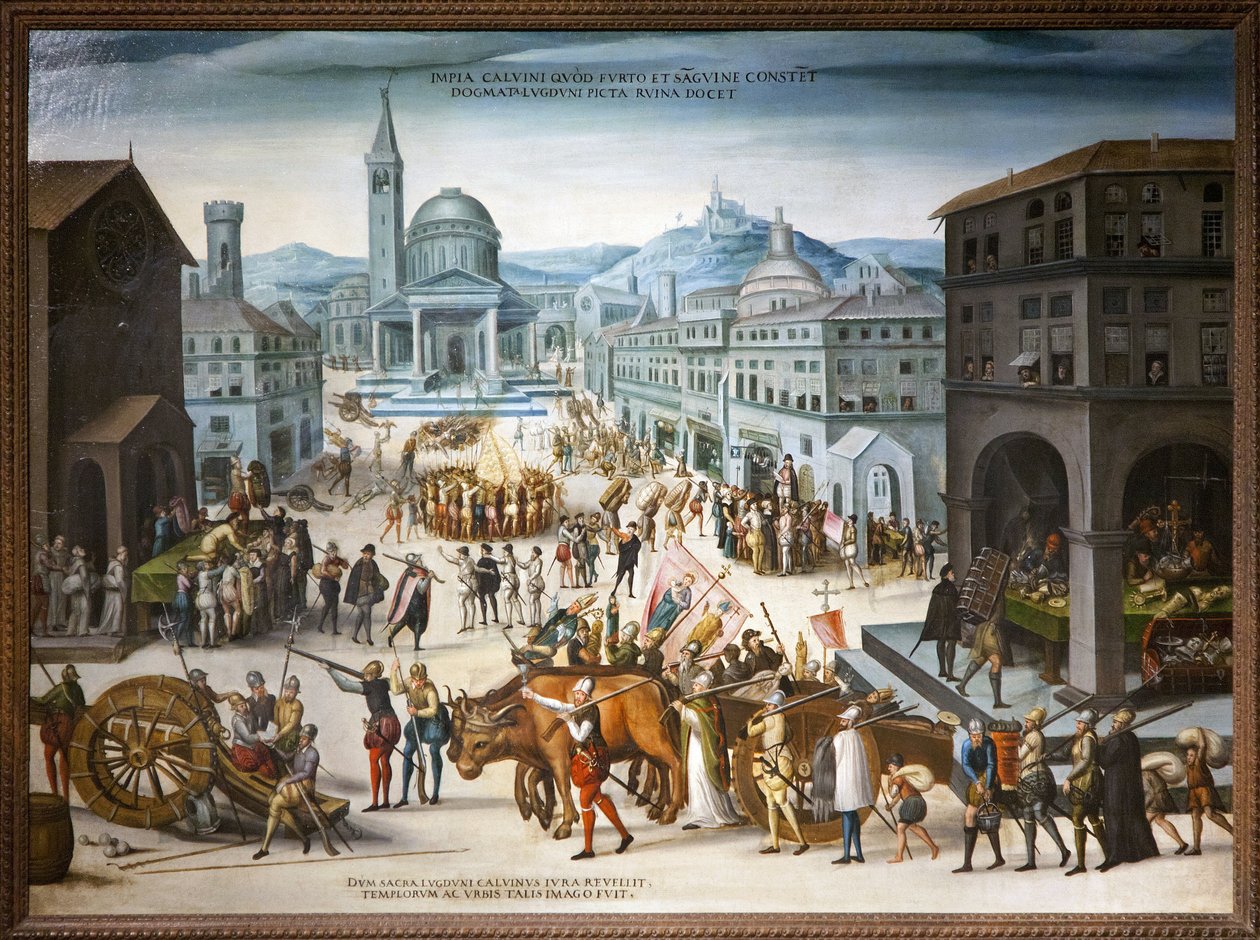 Plundering van Lyon door de Calvinisten in 1562. Protestantse beeldenstorm tegen de religieuze beelden van de Katholieke Kerk. Tijdens de eerste godsdienstoorlog namen hervormers onder leiding van Baron des Adrets het Stadhuis en de vitale centra van de st door Antoine (school of) Caron