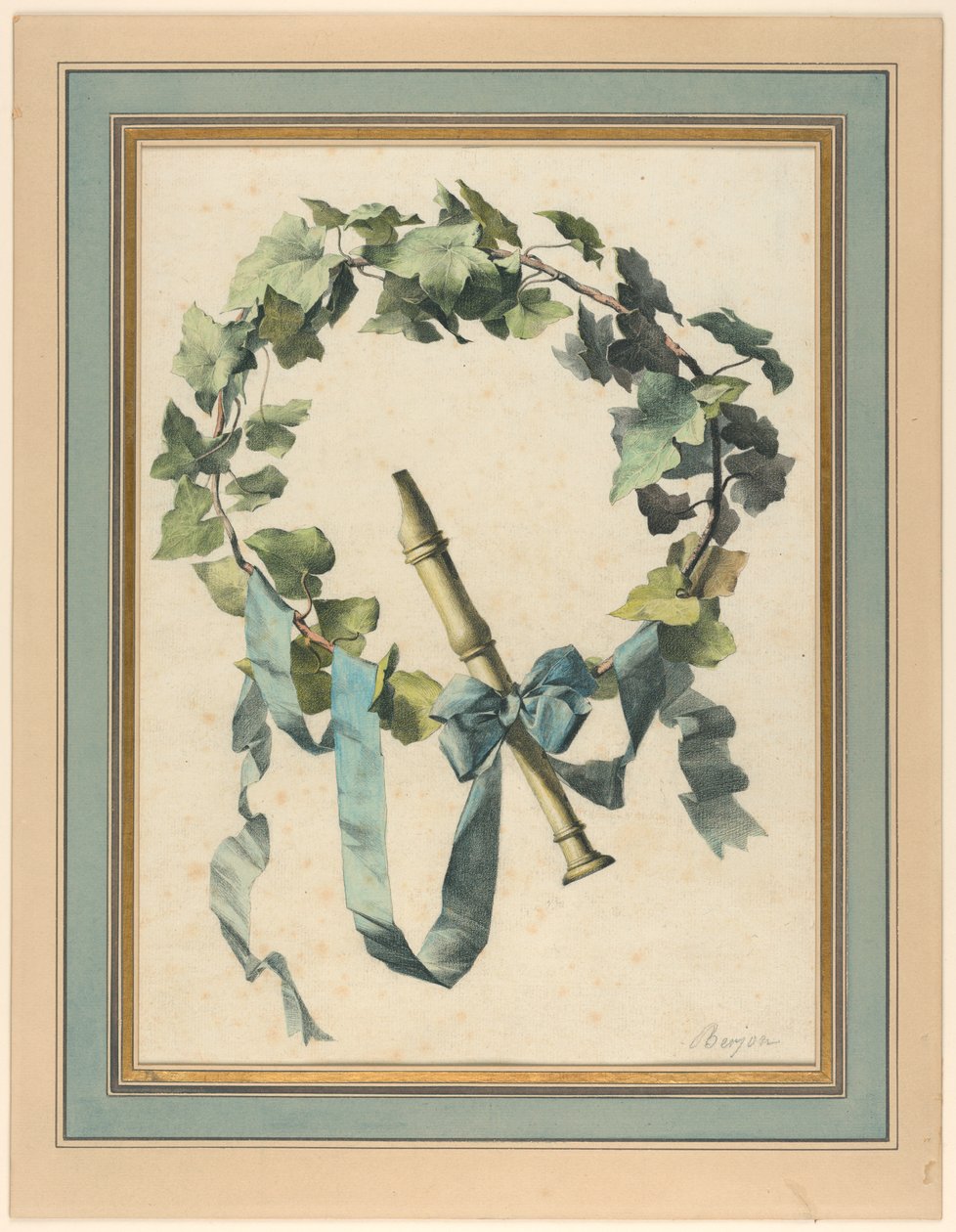 Tekening, Trofee met fluit, klimop en blauw lint, 1780-90 door Antoine Berjon