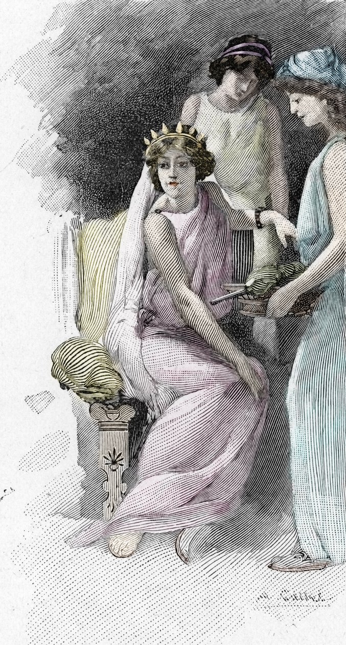 Odyssee van Homerus: Zang IV: Helena omringd door haar gevolg. Illustratie door Antoine Calbet (1860-1944) voor 
