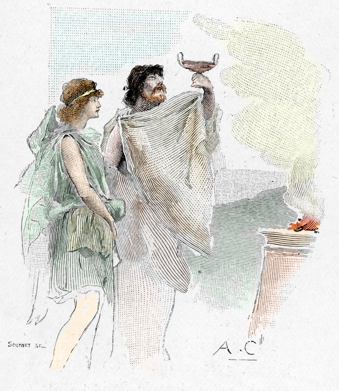 Odyssee van Homerus: Pisistratus, zoon van Nestor, biedt Telemachus een beker wijn aan in Pylos Illustratie door Antoine Calbet voor 
