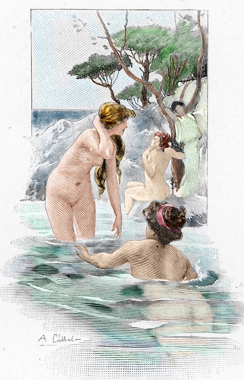 Odyssee van Homerus: Nausicaa, dochter van koning Alcinous, en haar dienstmaagden wassen hun kleren in de rivier. Illustratie door Antoine Calbet (1860-1944) voor de Odyssee van de Griekse dichter Homerus, 1897, privécollectie door Antoine Calbet