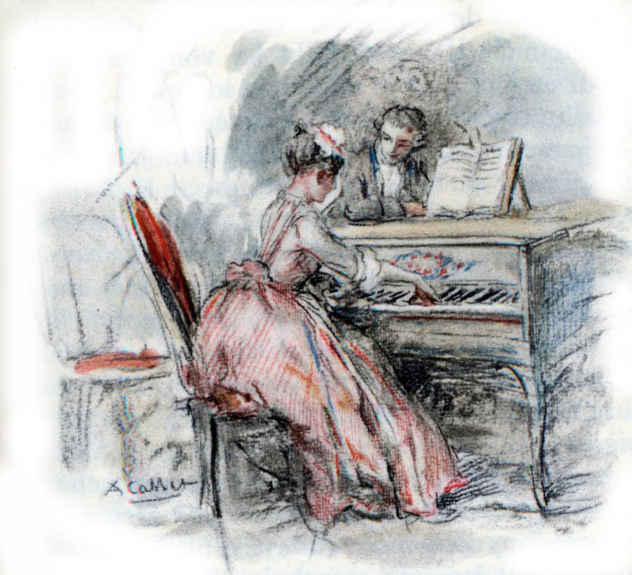 Werther bewondert Charlotte die klavecimbel speelt door Antoine Calbet