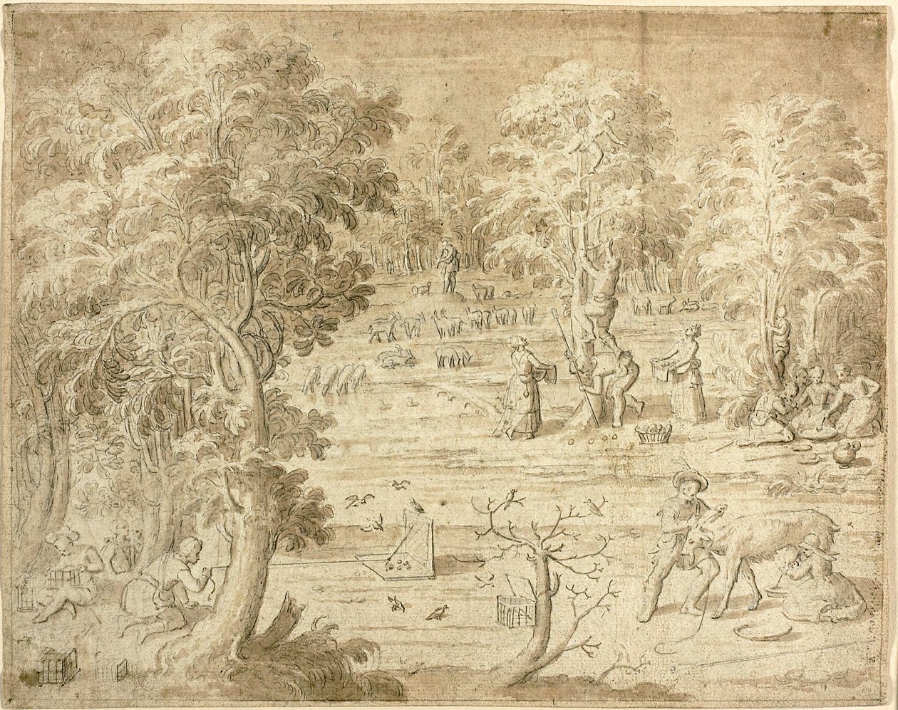Jongeren en meiden bezig met landelijke bezigheden door Antoine Caron