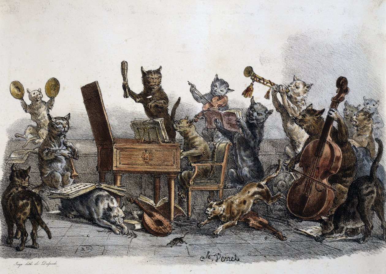 Een amateurconcert, karikatuur van katten die muziekinstrumenten bespelen, gravure door Carle Vernet (1758-1836), Frankrijk door Antoine Charles Horace Vernet