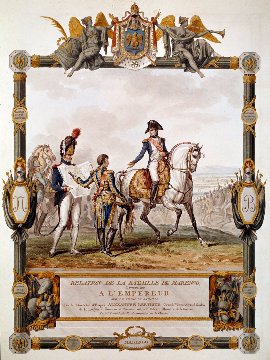 Frontispice van het verslag van de Slag bij Marengo op 14 juni 1800: Maarschalk Berthier toont de strijdstrategie aan Napoleon I door Antoine Charles Horace Vernet