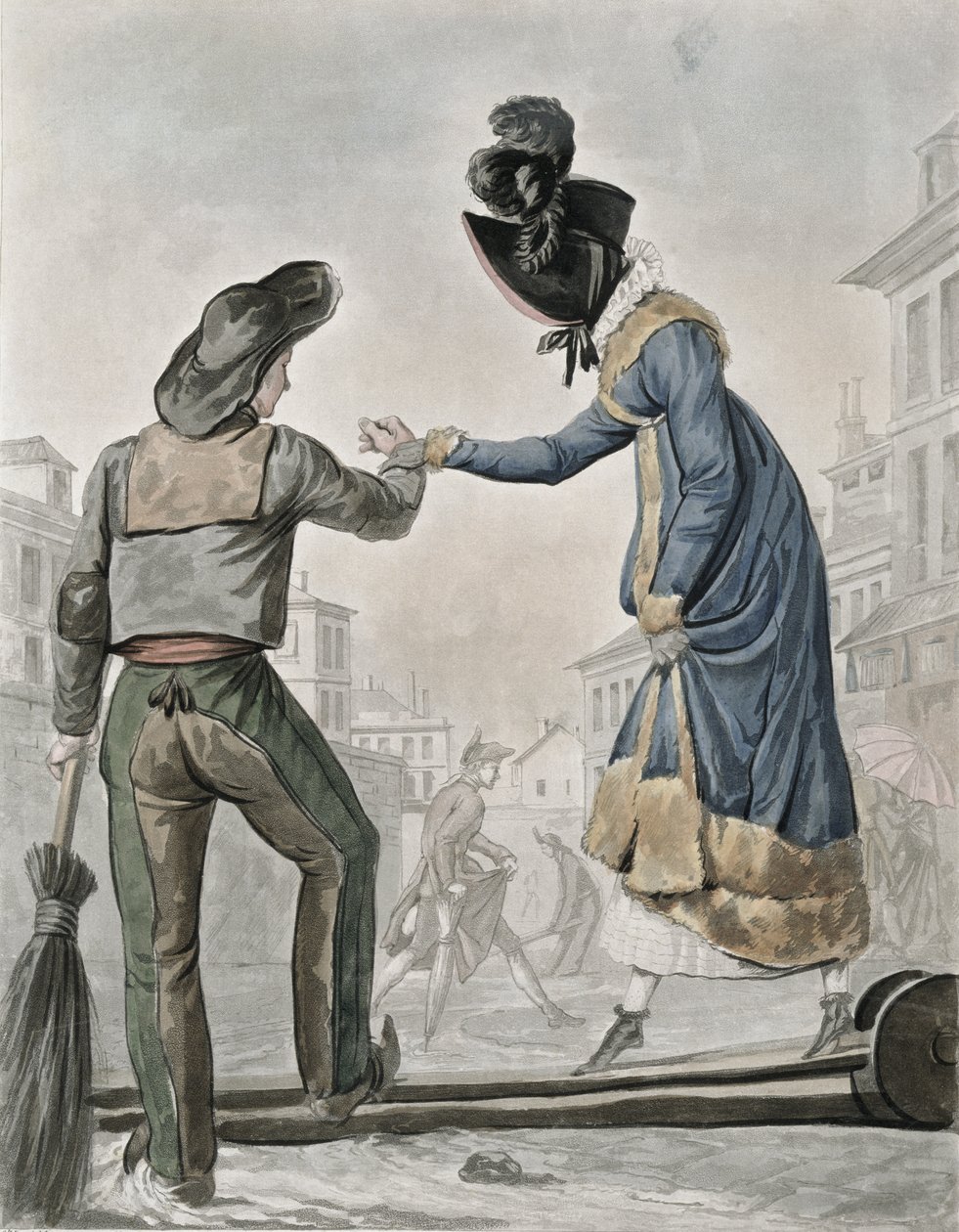 Een vrouw die een straatveger betaalt om een loopplank over een vuile straat over te steken door Antoine Charles Horace Vernet