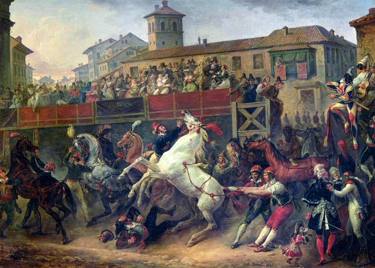 Scène van een onbereden paardenrace in Rome door Antoine Charles Horace Vernet