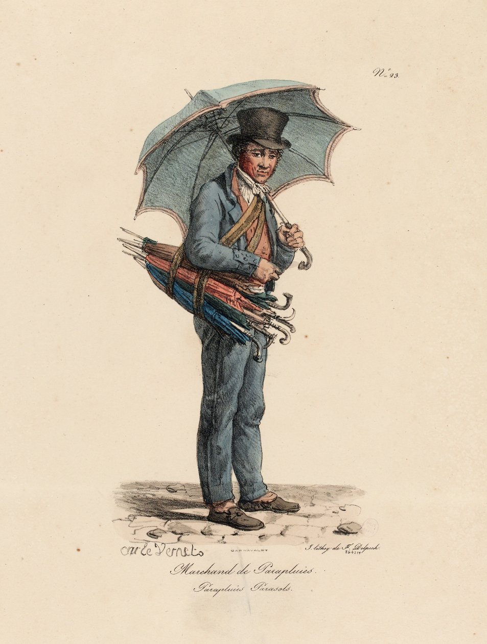 De Paraplu- en Parasolverkoper, nummer 23 uit de serie De Kreten van Parijs, gegraveerd door Francois Seraphin Delpech (1778-1825) door Antoine Charles Horace Vernet