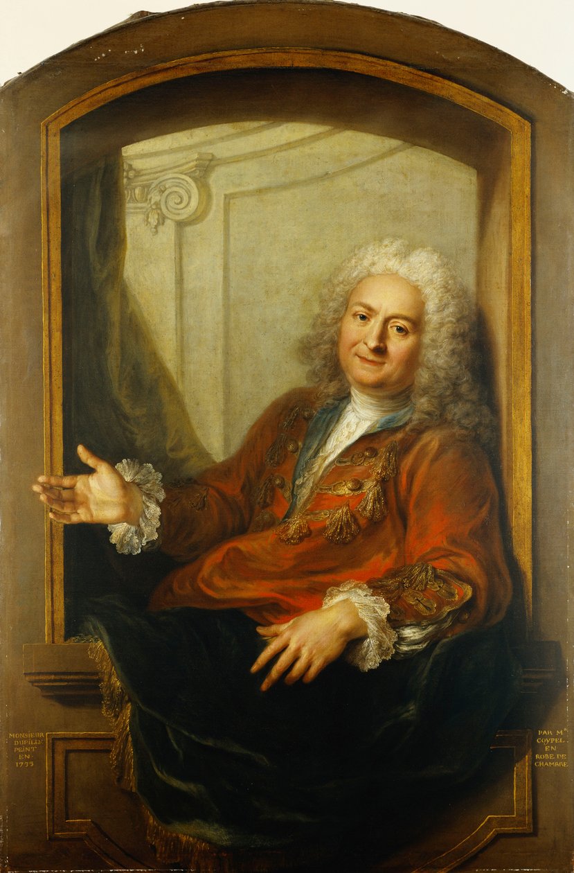 Portret van Monsieur Dupille, Halflijf, in een Gewaad Zittend op de Rand van een Venster, 1733 door Antoine Coypel
