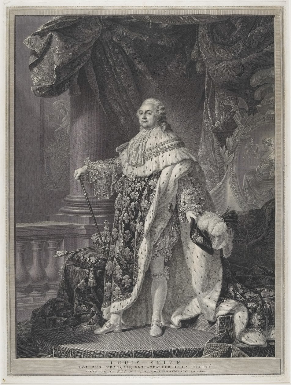 Le Sacre - Portret van Koning Lodewijk XVI in kroningsregalia (gegraveerd door Charles-Clément Bervic) door Antoine Francois (after) Callet