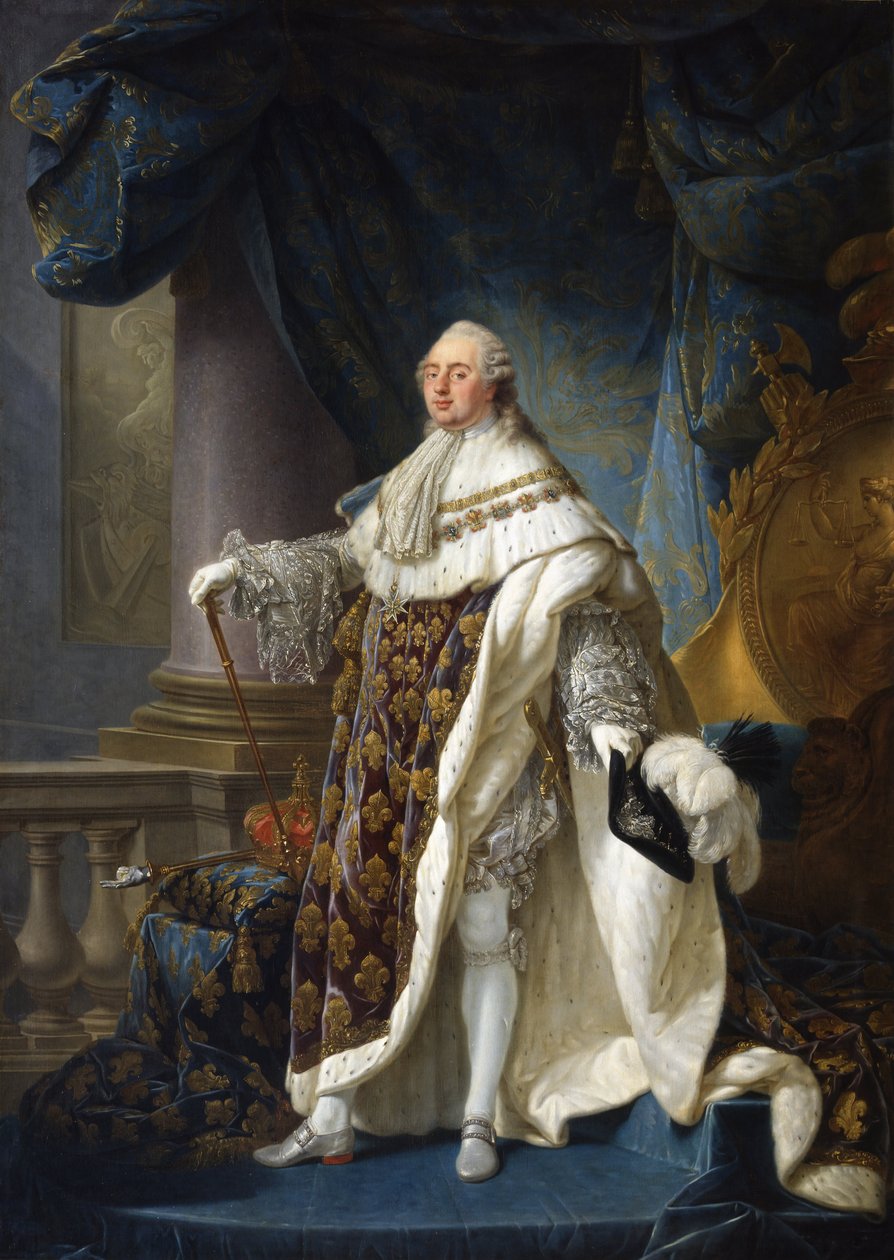 Frans: Louis XVI, roi de France et de Navarre, revêtu du grand costume royal en 1779 Louis XVI, koning van Frankrijk en Navarra, draagt zijn grote koninklijke kostuum in 1779 door Antoine François Callet