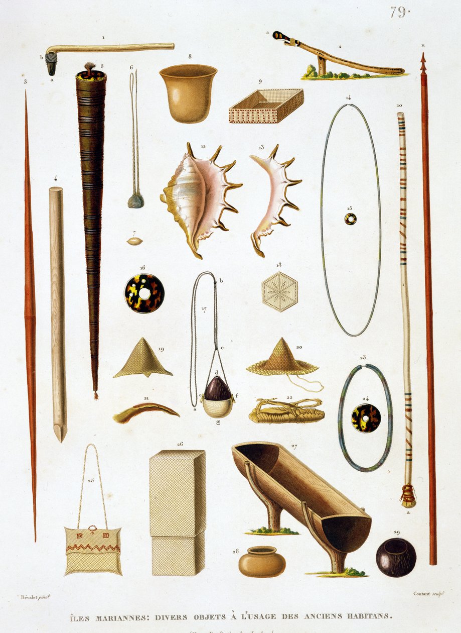 Huishoudelijke gebruiksvoorwerpen en wapens van de Mariannas Eilanden, uit Voyage autour du Monde (1817-20), door Louis Claude Desaulses de Freycinet (1779-1842) gegraveerd door Jean Louis Denis Coutant (1776-1831), p door Antoine Germain Bevalet