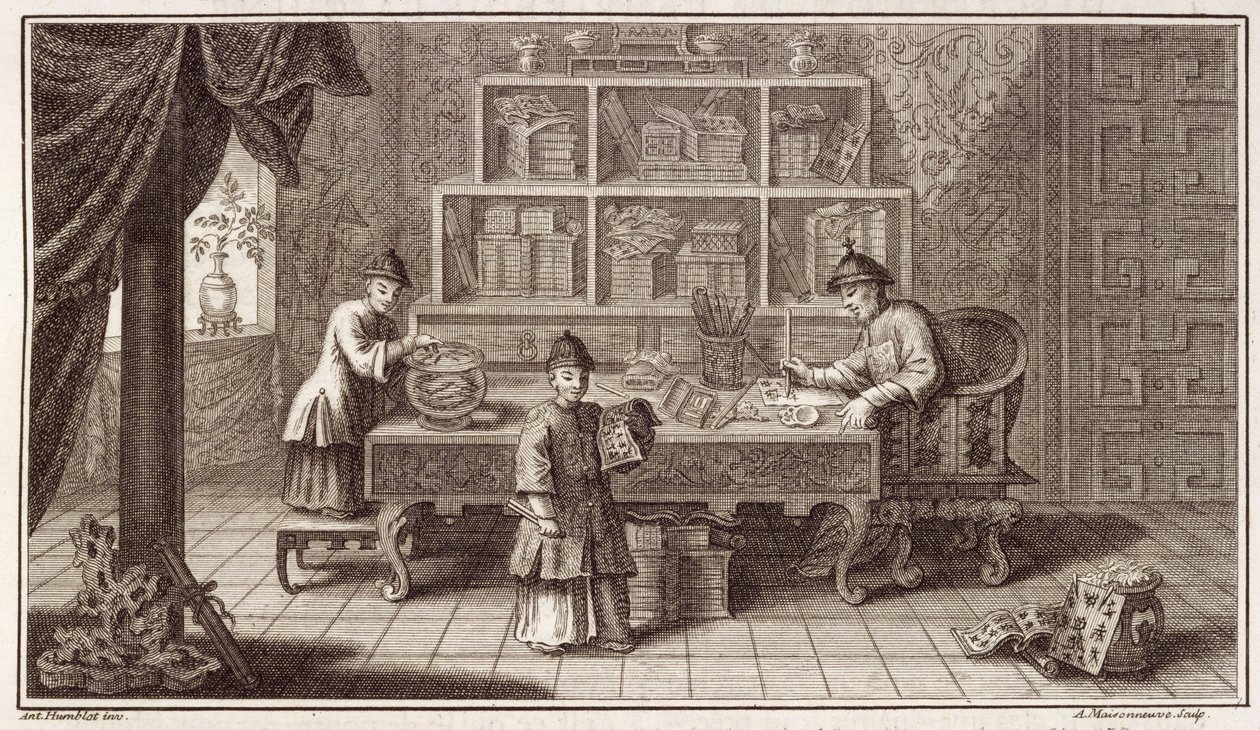 Een Chinese kalligrafiewinkel, uit een verslag van de Nederlandse ambassade in China, gegraveerd door A. Maisonneuve, ca. 1670s door Antoine Humblot