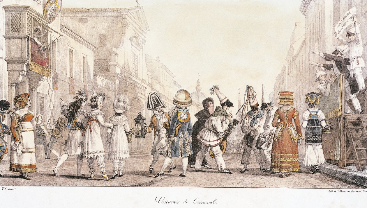Carnavalskostuums, door Antoine-Jean-Baptiste Thomas (1791-1833), aquarel. Italië door Antoine Jean Baptiste Thomas
