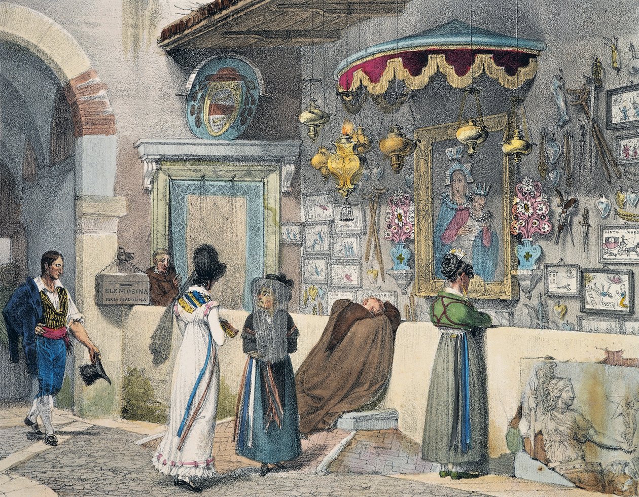 Burgers aanbidden in Rome, door Antoine Jean-Baptiste Thomas, gravure uit Jaar in Rome, Frankrijk door Antoine Jean Baptiste Thomas