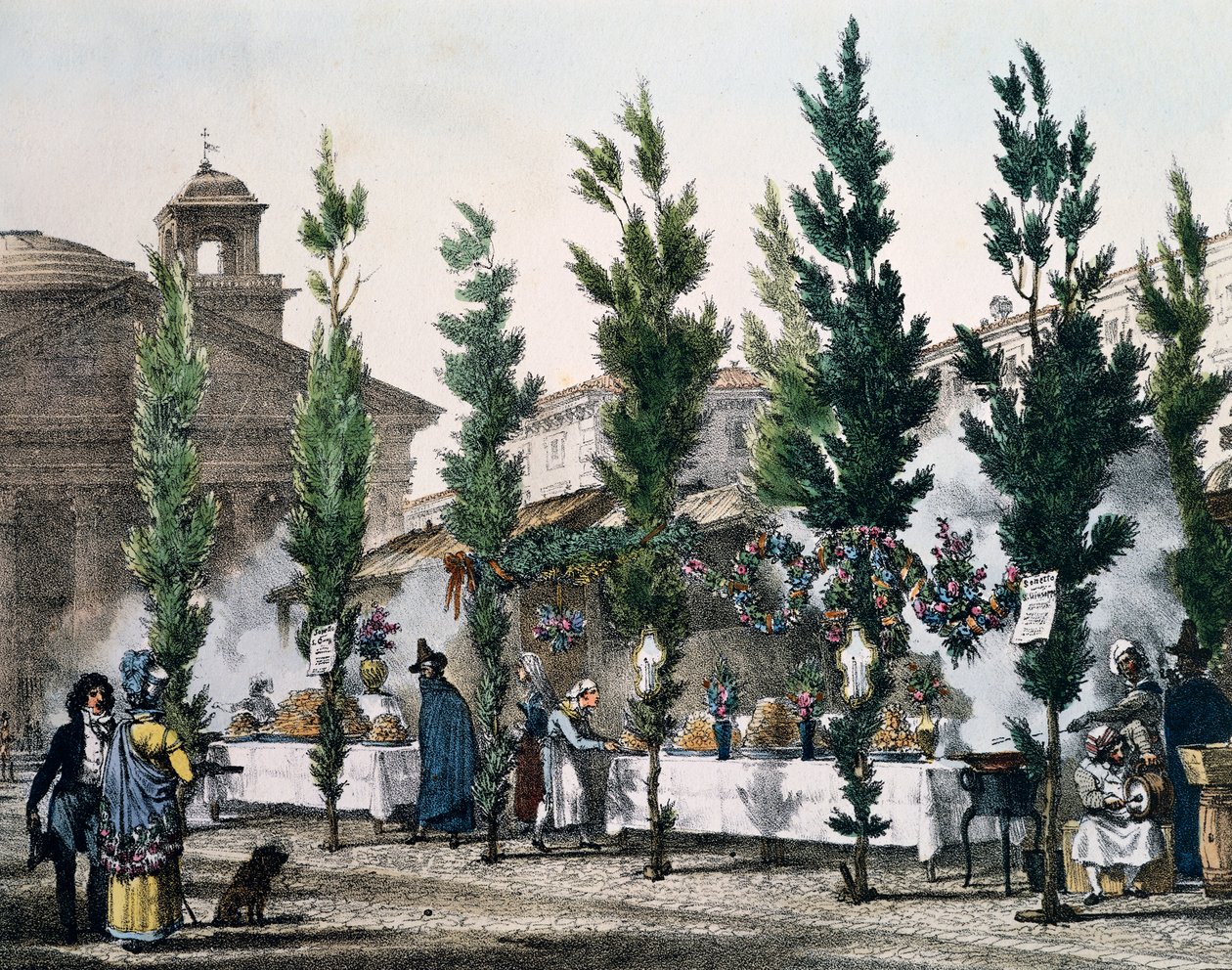 Voedselverkopers bij het Pantheon tijdens het feest van St. Joseph, gravure door Antoine Jean-Baptiste Thomas (1791-1834) uit Un an a Rome et dans ses environs, Frankrijk door Antoine Jean Baptiste Thomas