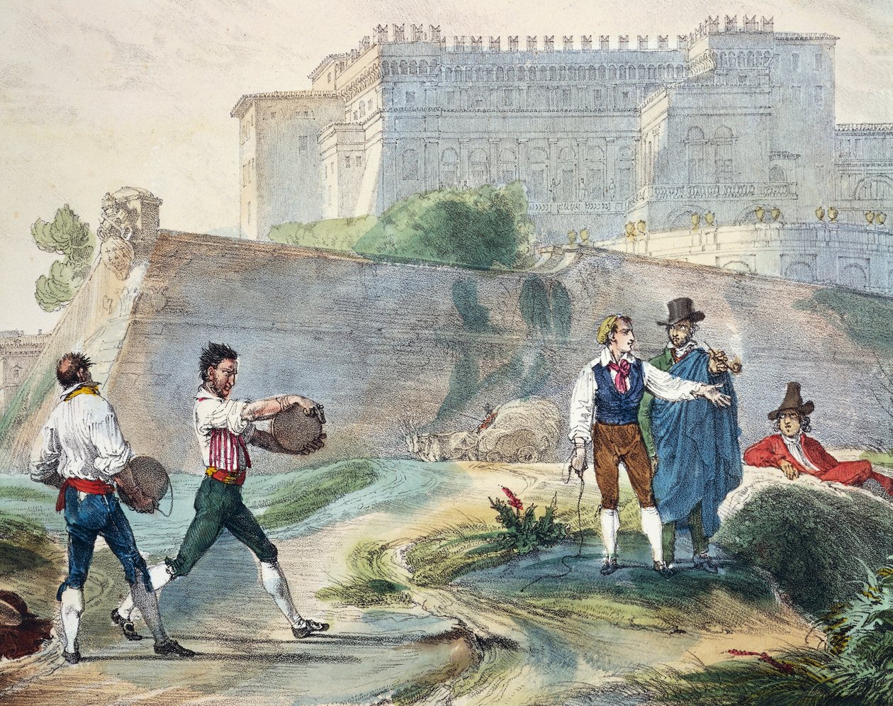 Ruzzica spelen, lithografie in kleur uit Een jaar in Rome en omgeving door Antoine Jean Baptiste Thomas