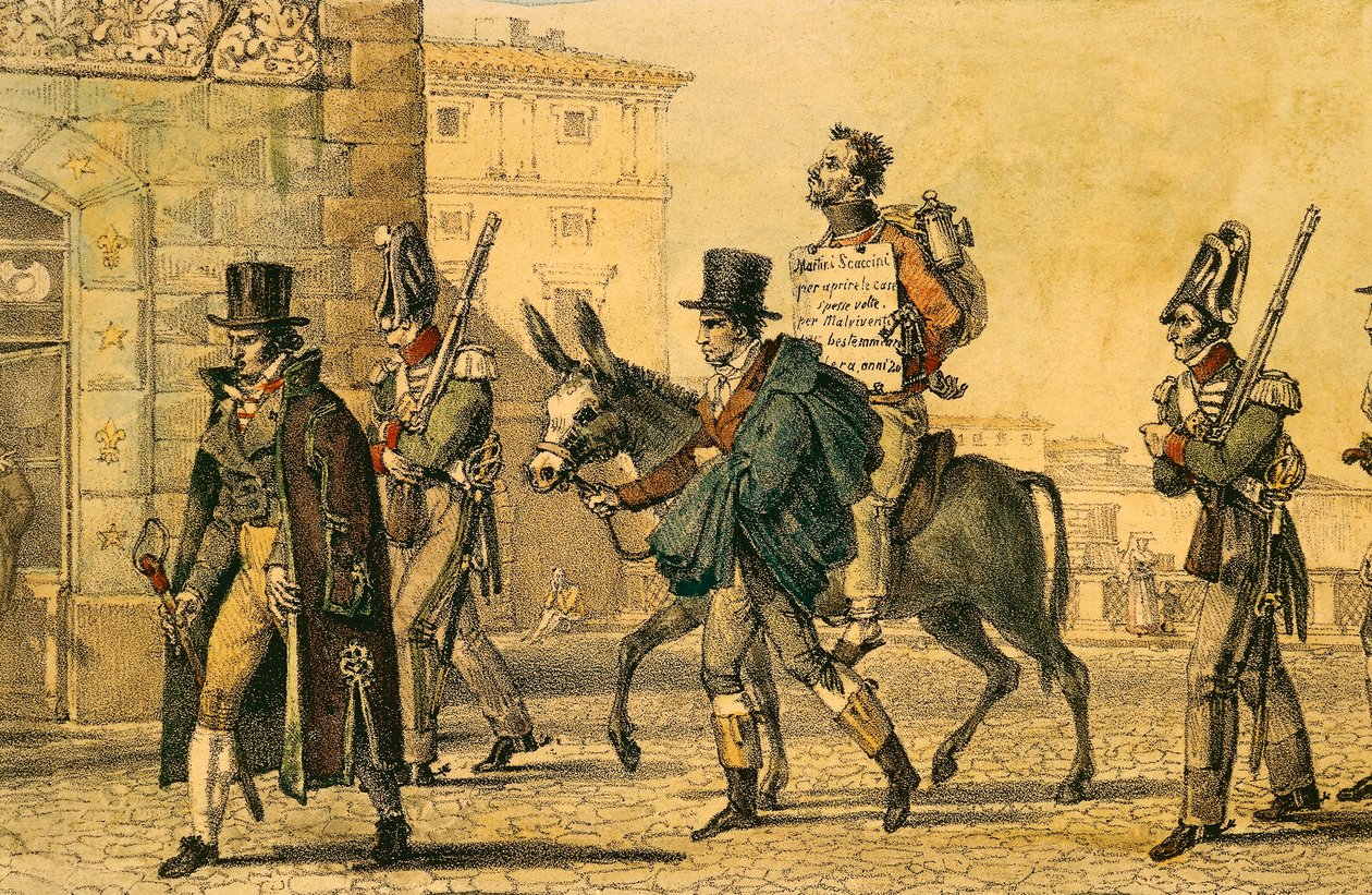Straf waarbij men door de straten werd geleid op een ezel, lithografie door Jean-Baptiste-Antoine Thomas uit Un Rome door Antoine Jean Baptiste Thomas