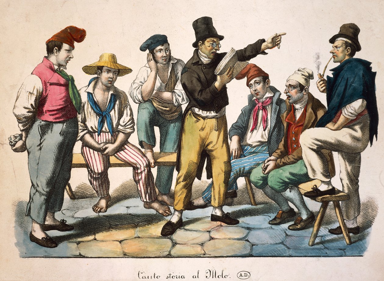 Verteller op de kade, prent door Antoine Jean Baptiste Thomas