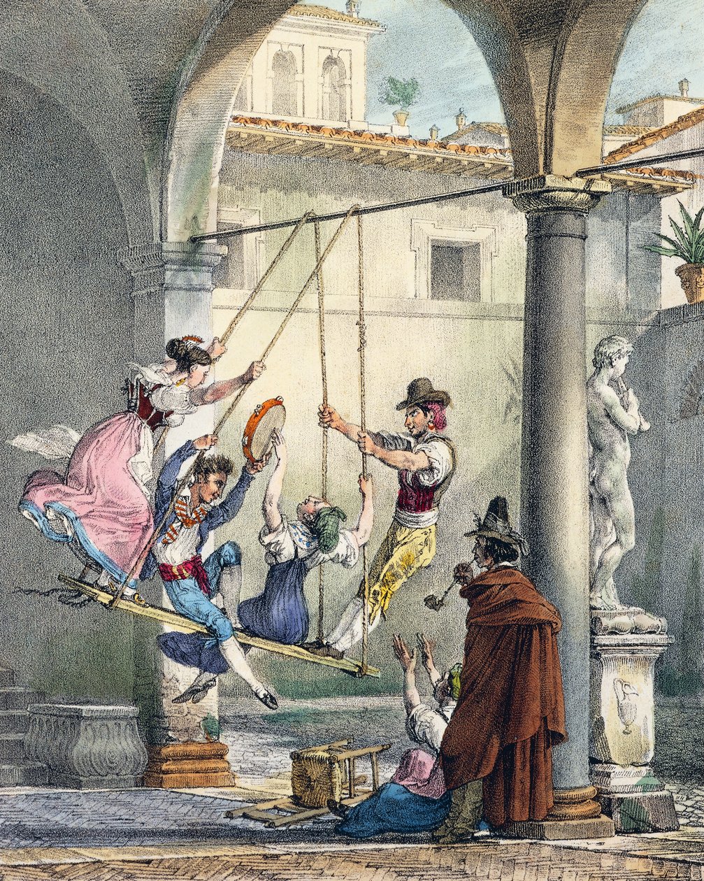Schommel, gravure door Antoine Jean-Baptiste Thomas uit Un an a Rome et dans ses environs, Frankrijk door Antoine Jean Baptiste Thomas